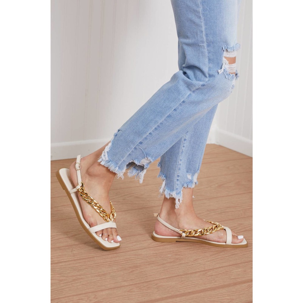Beige Gold Chain Sandals Chic Minimalist Flat Square Toe - Picture 6 of 7